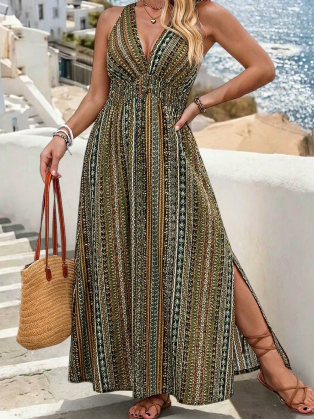 Plus V neck Stretchy Waist Split thigh Sleeveless Tank Maxi Dress